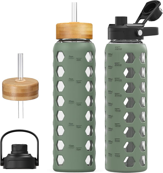 MUKOKO Glass Water Bottles, 32oz Glass Tumbler with Straw, Drinking Bottles with 2 Lids-Handle Spout Lid&Bamboo Straw Lid, Motivational Water Bottle with Time Marker and Silicone Sleeve, 1 Pack-Olive