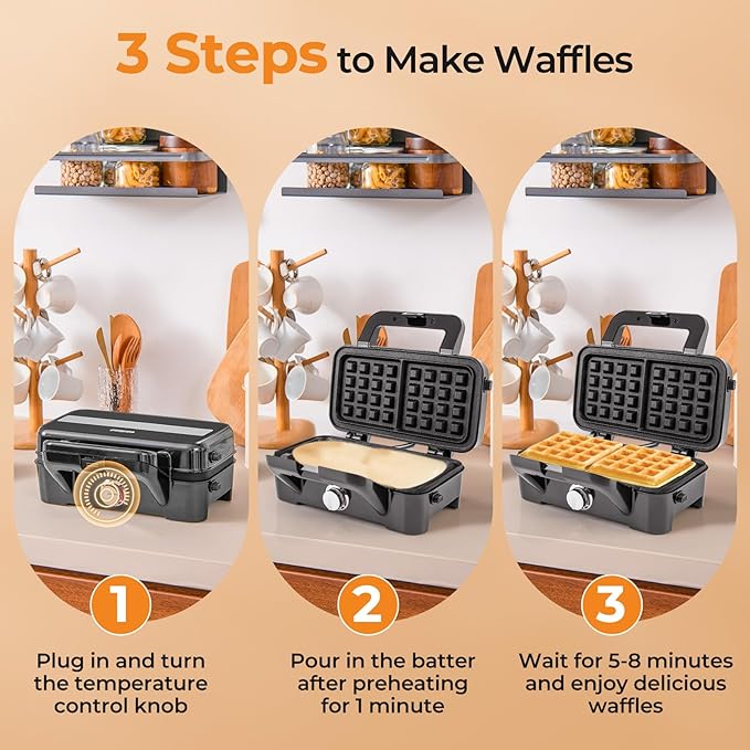 ARLIME 3 in 1 Waffle Maker, 1082W Electric Panini Press Grill w/Non-stick Plates, Indicator Lights, Cool Touch Handle, Sandwich Maker w/ 5-gear Temperature Control for Breakfast Grilled Cheese Steak
