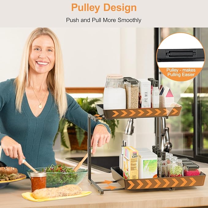2 Pack Under Sink Organizer Pull 0ut, 3 Height Adjustable Under Kitchen Sink 0rganizer and Storage Black, 2 Tier Double Sliding Drawer Cabinet Organizer for Kitchen Bathroom Pantry