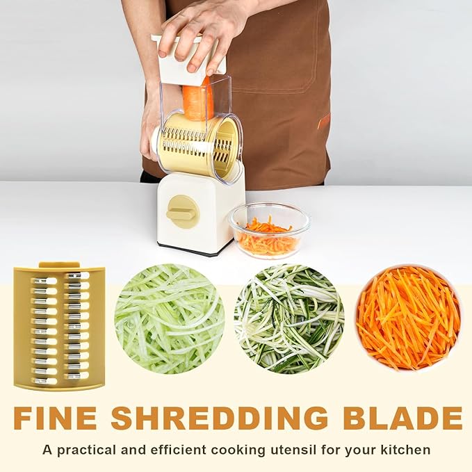 3 in 1 Cheese Grater, Rotary Cheese Grater with Handle for kitchen, Vegetable Slicer with 3 Replaceable Stainless Steel Blades,Peeler and Rubber Gloves (White)