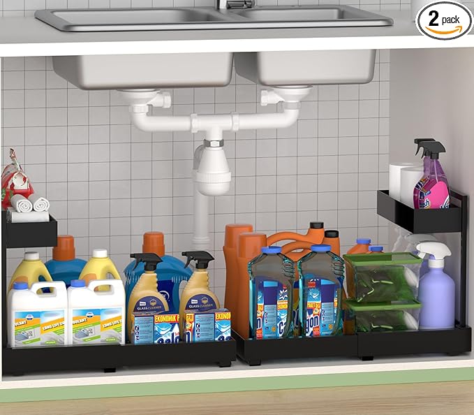 Under Sink Organizer and Storage, All Metal Heavy Duty Expandable Storage Basket, 2 Tier Bathroom Cabinet Organizer, Height Adjustable, Easy Pull Out, Black, 2 Pack