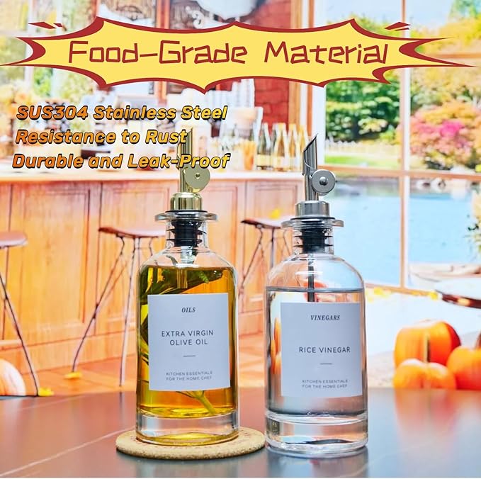 Olive Oil Dispenser Spout, Weighted Liquor Pour Spout, Syrup Dispenser Spout, Stainless Steel Automatic Pour Spouts for Liquor Bottles, Oil Bottles, Vinegar, Syrup and Alcohol 2 Pack Golden