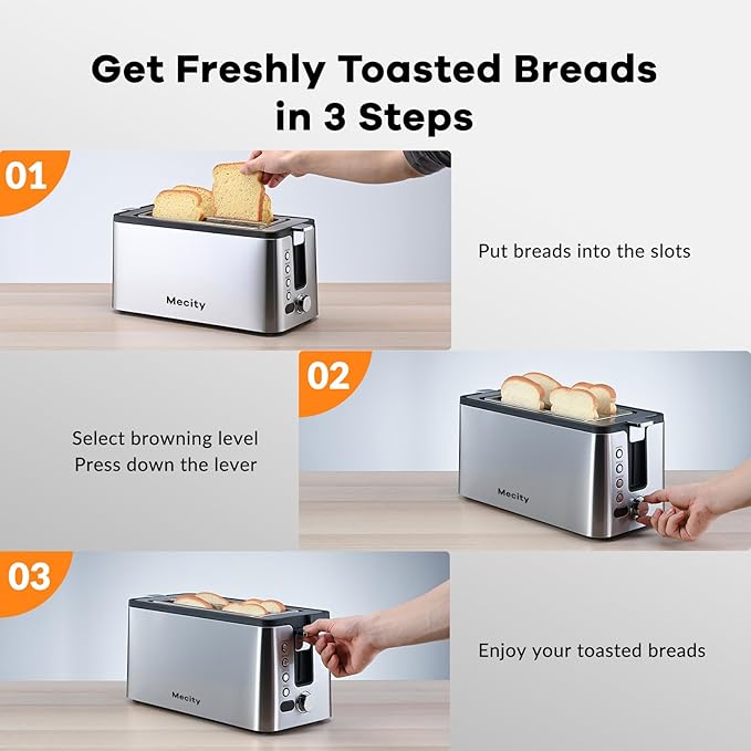 Mecity 4 Slice Toaster, Long Slot Toaster With Countdown Timer, Bagel/Defrost/Reheat/Cancel Functions,Warming Rack, Removable Tray, 6 Browning Settings, Extra Wide Slots, Stainless Steel, 1300W