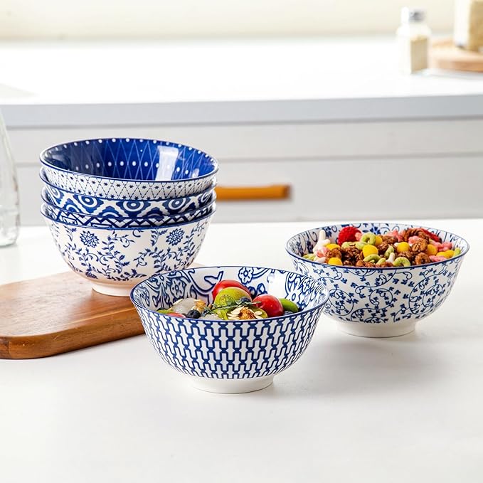 Ceramic Soup Bowls Set - 24 Oz Deep Cereal Bowl for Kitchen - 6 Inch Large Porcelain Dinner Bowl Eating Salad Pasta Dessert Oatmeal - Microwave Dishwasher Safe - Set of 6 - Vintage Blue