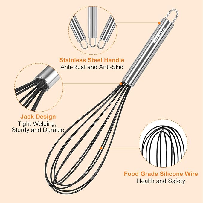 NileHome Whisk Commercial Whisks Stainless Steel & Silicone Non-Stick Coated Small Whisk Set 8" 10" 12" Kitchen Wisk Wire Whisks for Cooking 3 Pack, Black