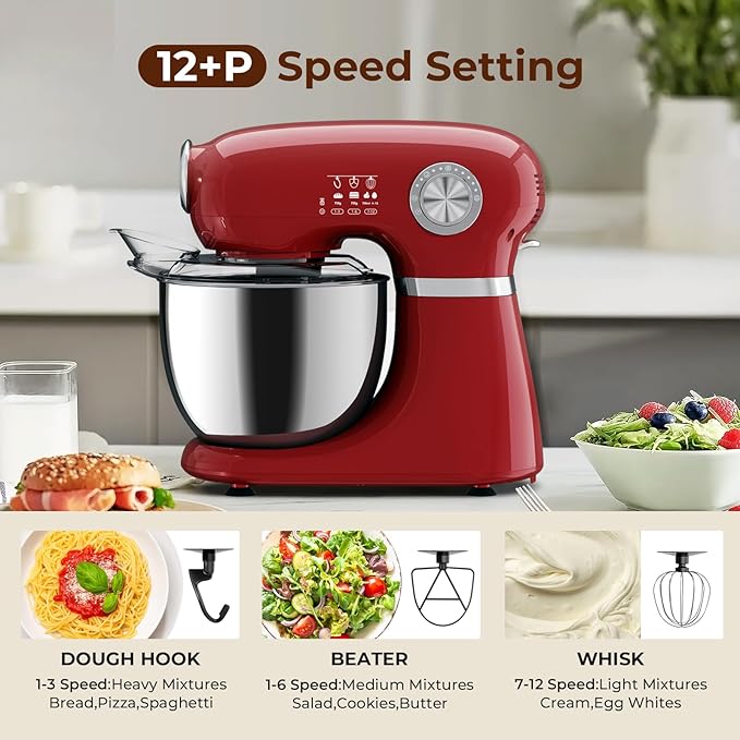 Stand Mixer With 12 Speed,5.3 Quart Electric Mixer With Tilt Head, Kitchen Mixer for Daily Use with Egg Whisk,Dough Hook,Flat Beater, RED
