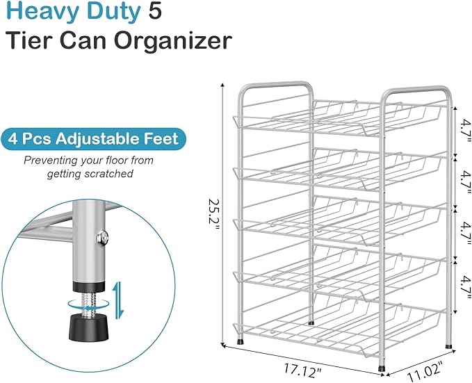 Vrisa Can Organizer for Pantry 5 Tier Canned Food Organizer Can Storage Rack Holds Up to 60 Cans Rolling Soda Soup Vegetable Can Goods Dispenser Shelf for Kitchen Pantry Cabinet, Silver