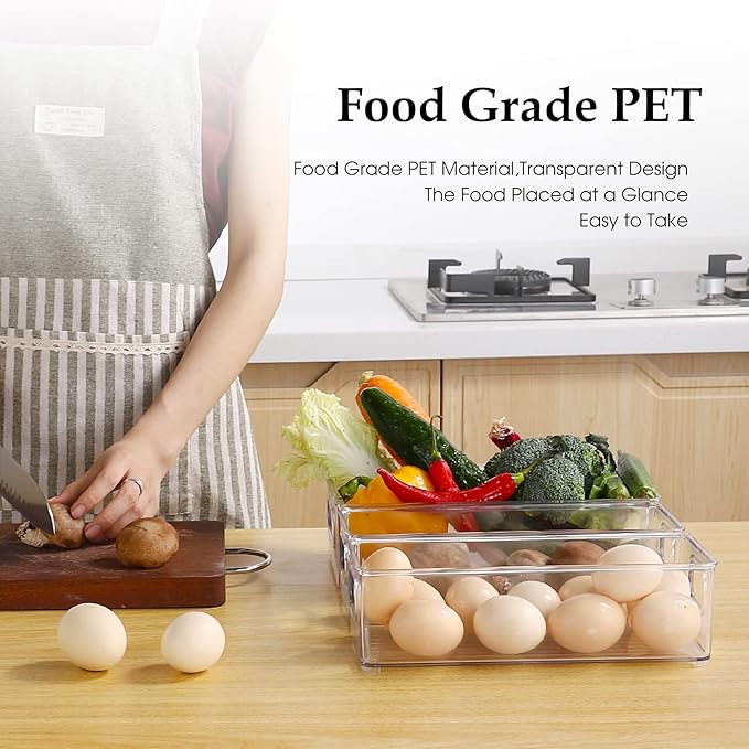 Set Of 6 Refrigerator Organizers and Storage,Stackable Large Clear Plastic Storage Bins with Handle,Freezer Organizer Bins,Perfect for Kitchen Cabinet Pantry Snack Containers,Closet Organization