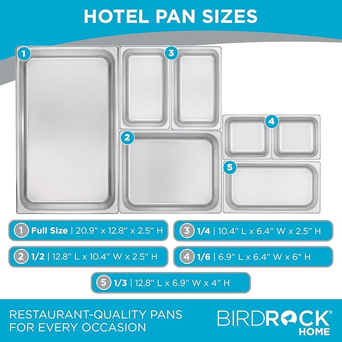 BIRDROCK HOME Stainless Steel Steam Table Pan - Hotel, Restaurant & Catering Supplies - 24 Gauge Steel, 14 qt Capacity - Meal Prep, Cooking, & Food Storage Container - 4" Depth, Full-Size (6 Pack)