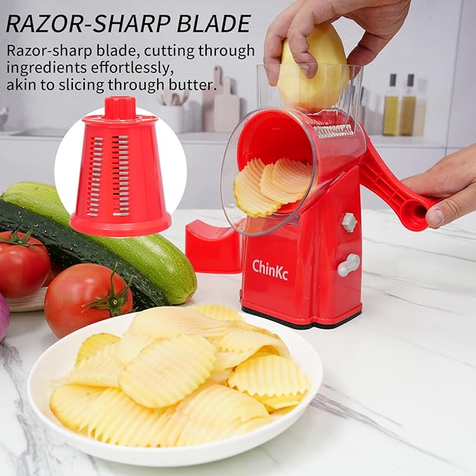 Rotary Cheese Grater Shredder - Upgraded 5 in 1 Cheese Grater with Handle and Strong Suction Base, Multi-purpose Julienne Slicer Ice Shaver Nuts Grinder for Ice, Vegetables, Fruit, Nuts