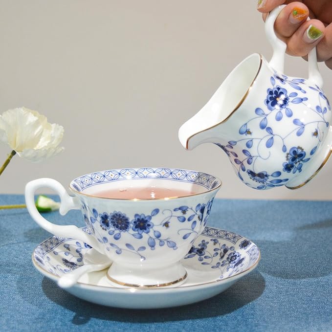 Bone China Tea Set, 21-Pieces Porcelain Tea Set for Adults, Tea Cups And Saucers for 6, with Teapot, Spoons, Sugar Bowl, Creamer Pitcher, Vintage Tea Set for Women Tea Party (Blue)
