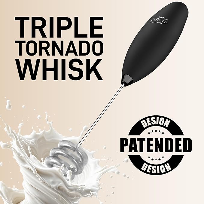 Zulay Kitchen Patented Tornado Triple Whisk Milk Frother with 4 Duracell Batteries – Handheld Foam Maker for Coffee, Lattes, Matcha & Hot Chocolate – Rich, Creamy Froth in Seconds