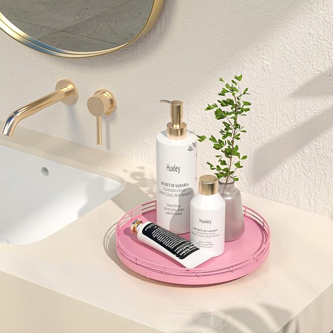 10" Oak Wood Bathroom Tray for Counter, Vanity Tray for Perfume Lotion Candle Makeup Jewelry Sink Soap Holder Turntable Dresser Organizer Countertop Coffee Table Decor Organization and Storage Pink