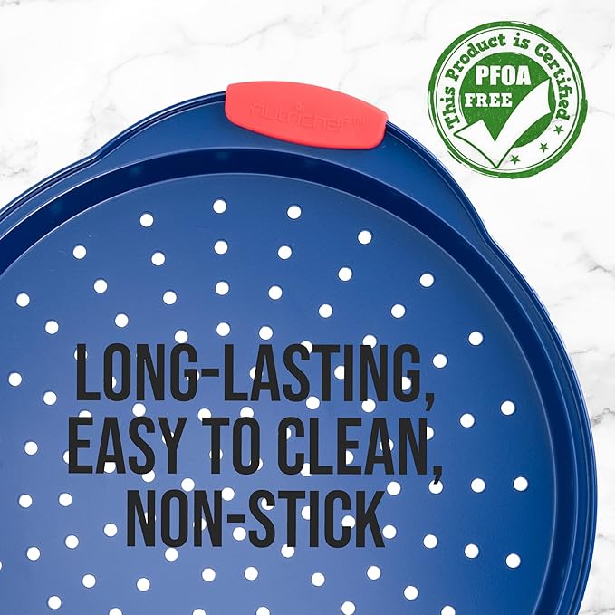 NutriChef 13-Inch Nonstick Pizza Tray - Round Carbon Steel Non-Stick Pizza Baking Pan with Perforated Holes, Premium Bakeware Pizza Screen with Silicone Grip Handles, Dishwasher Safe - Blue