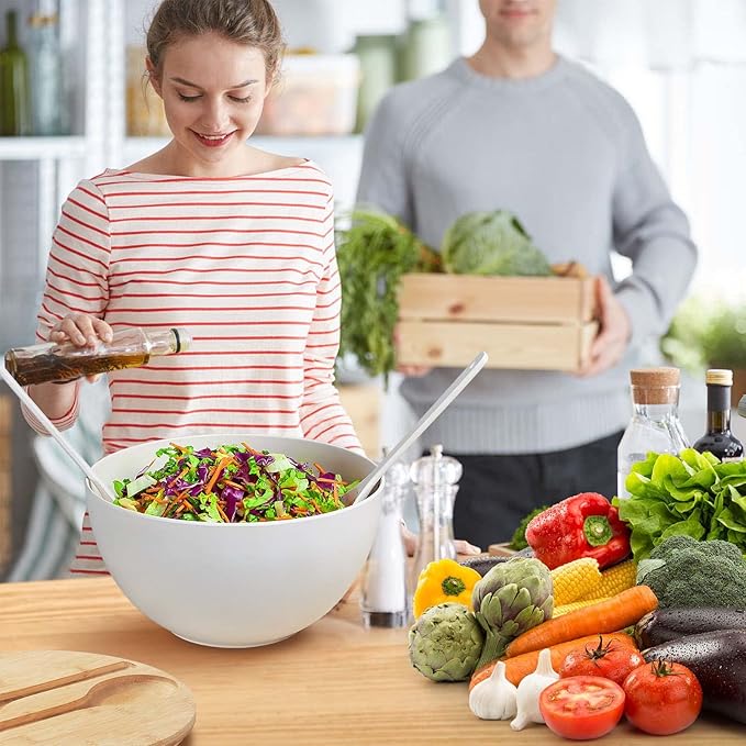 11.3" Extra Large Salad Serving Bowl Set with Wooden Lid&Utensils, 6.5Qt., Bamboo Fiber Salad Bowl with Servers for Kitchen, Lightweight Big Bowl for Mixing Salad,Fruit,Pasta - Matte White