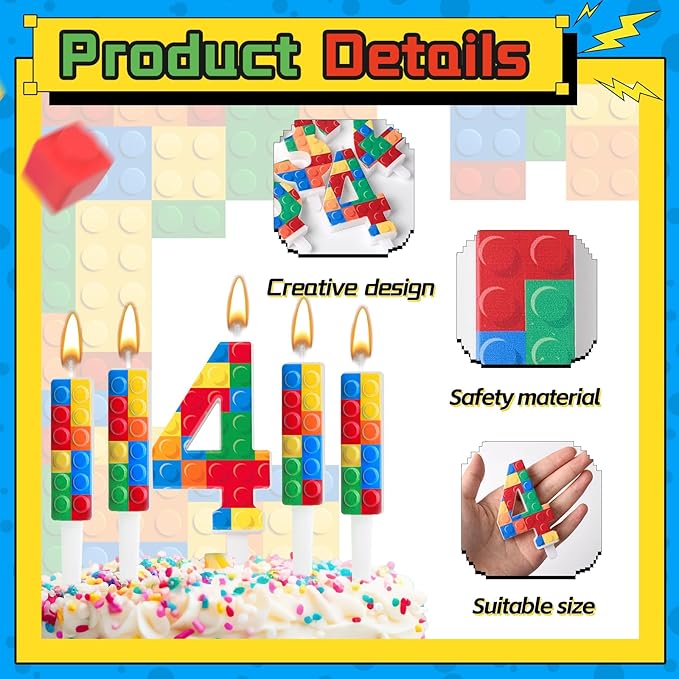 7 Pcs Building Block Themed Birthday Candles Set Building Blocks Number 4 Candle Cake Topper for Building Block Party Decoration Supplies (Number 4)