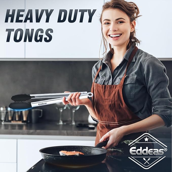 Kitchen Tongs with Silicone Tips, Heat Resistant 600 Degrees All Metal handle Locking Tongs For Cooking with Rubber Tips, Heavy Duty Stainless steel Food Tongs, Set of 3-7" 9" & 12" Black