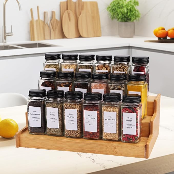 Spice Jars - 36 pieces, labeled spice jars with black metal lids, empty glass spice jar set, spice storage containers, kitchen set, ideal for organizing and storing food in the pantry.