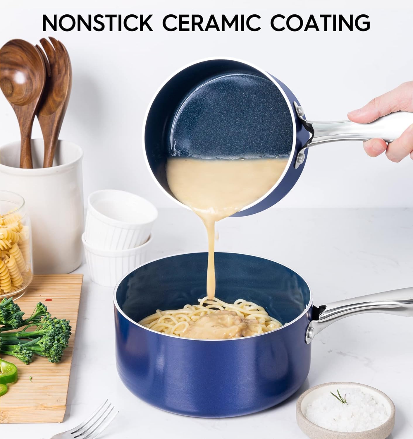 MICHELANGELO 2 Quart Saucepan with Lid, Nonstick Ceramic Sauce Pan with Stainless Steel Handle, 2 Qt Saucepan with Lid Induction Compatible, Oven Safe, Blue