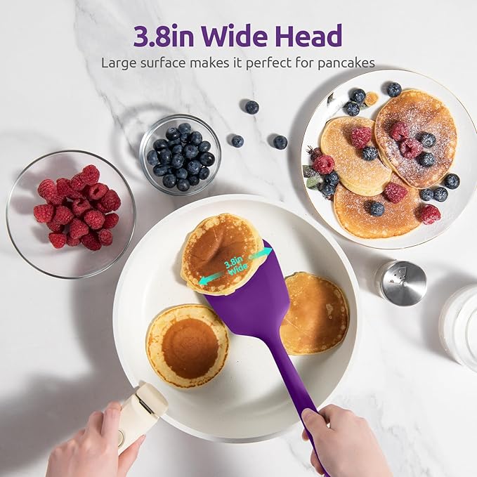 600ºF Heat Resistant Silicone Turners: U-Taste 13.6in Long Solid & Slotted Kitchen Spatula Flipper, Large Flexible Cooking Utensil for Flipping Egg, Pancake in Nonstick Cookware(Purple, 2PCS)