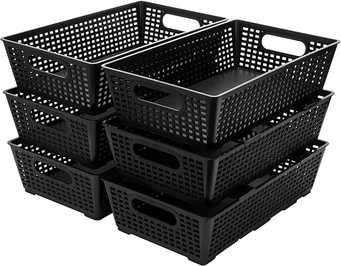 Stackable Woven Plastic Basket, Storage Bins for Cabinet, Closet, Shelf, Under Sink and Countertop, Pantry Organizer Bins, 6 Pack