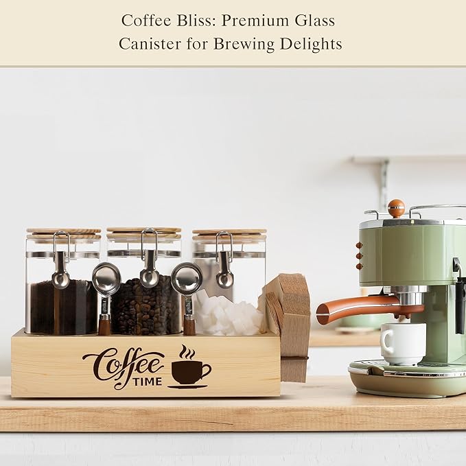 Glass Coffee Canister Set with Shelf & Spoons 3 Piece Coffee Containers for Ground Coffee Coffee Bean Storage Airtight Seal, Coffee Bar Coffee Filter Holder for Kitchen Organization