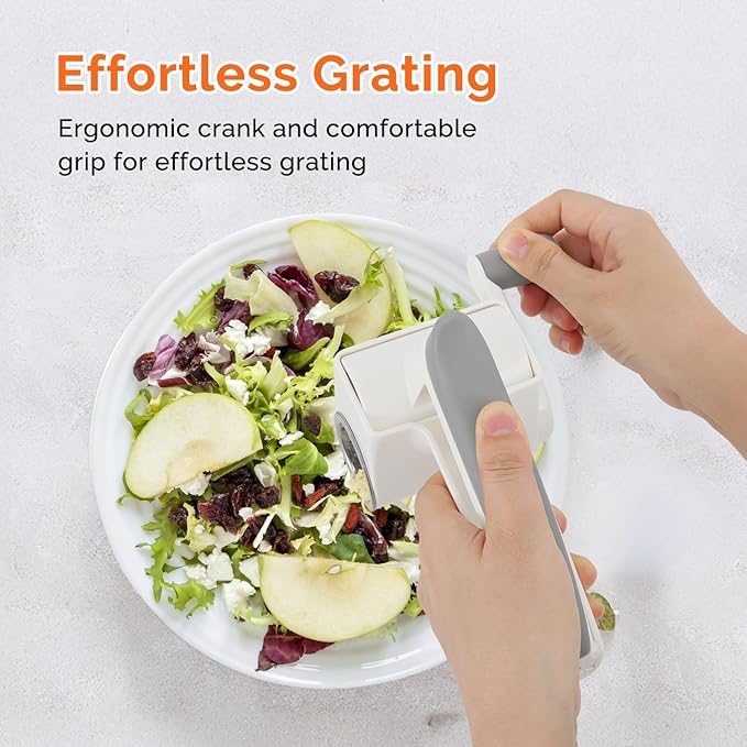 Patented Rotary Parmesan Cheese Grater, Hand Crank Cheese Shredder with Fine & Coarse Drums, Restaurant Quality, White, Stainless Steel & ABS, Dishwasher Safe