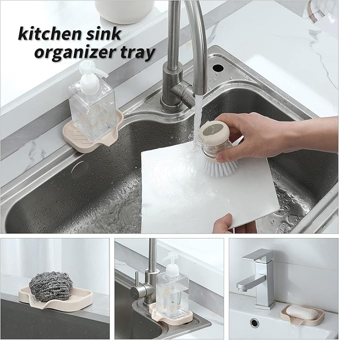 Silicone Bathroom Soap Dishes with Drain Spout-Bathroom and Kitchen Sink Organizer,Sponge Holder,Dish Soap Tray,Perfect for Dispenser,Scrubber,Bottle,Cup on Sink or Counter-Tapioca 4.9"×3.2"