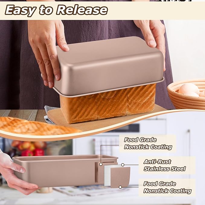 LIANYU Loaf Pans for Bread Baking, 9×5 Inch Stainless Steel Loaf Bread Tins, Non-Stick Baking Pans for Homemade Banana Sandwich Sourdough, Healthy & Sturdy, Set of 2, Rose Gold