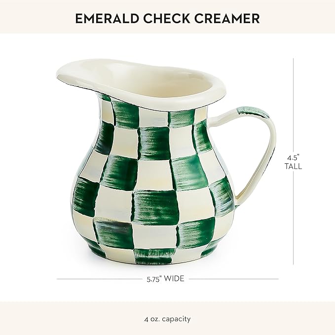 MACKENZIE-CHILDS Enamel Creamer, Creamer Dispenser with Pour Spout, 14-Ounce Capacity, Green-and-White Emerald Check