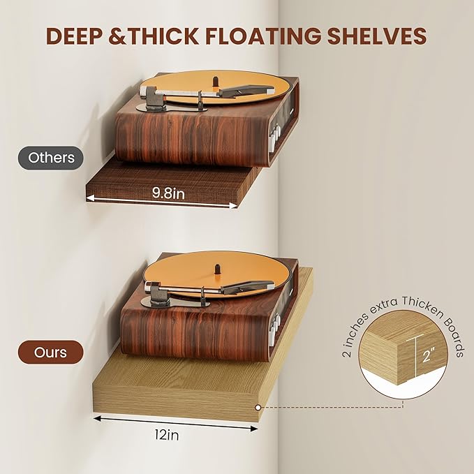 12 Inch Deep Floating Shelves 36 inch Long, 36 x 12 Wide Wall Shelves with Invisible Brackets, Heavy Duty Shelf for Bedroom Bathroom Living Room Kitchen Office Home Decor, Modern Shelf Set of 2, Oak