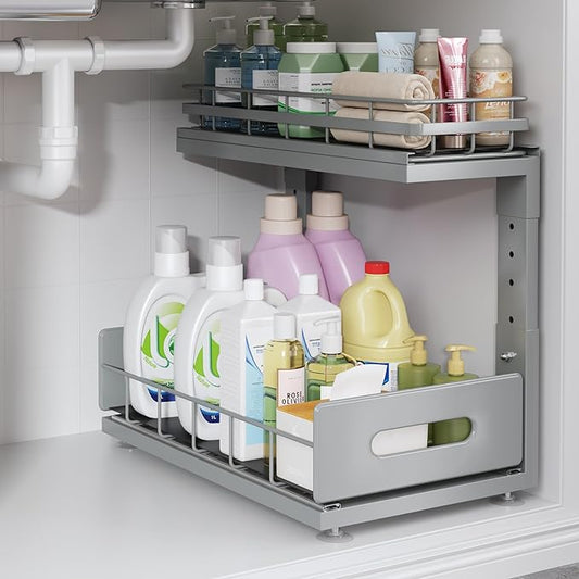 1 Pack Under Sink Organizer Upgrade to Professional Rails,2-Tier Dual Pull Out Cabinet Storage,Height Adjustable Slide Out Drawers for Bathroom Kitchen,Under Sink Shelf-Gun Gray