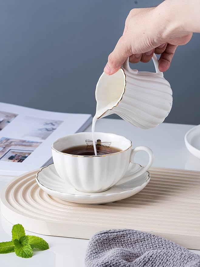 Jusalpha Fine China Pink Teapot and Creamer Sugar Bowl Set, TW (White)