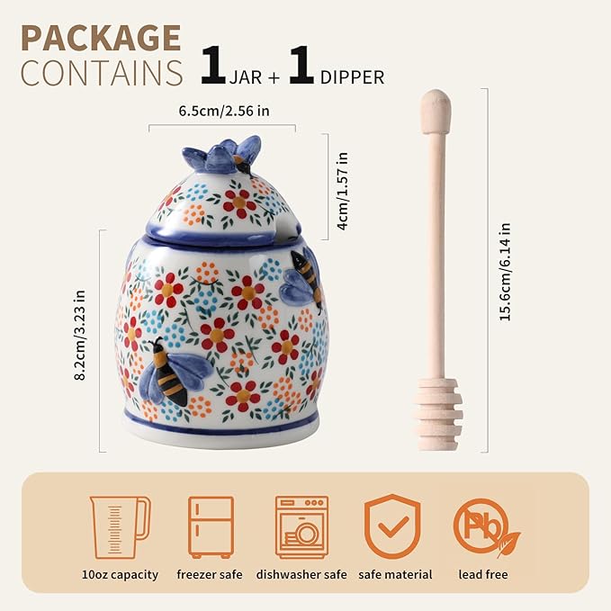 ZOOBEE 10oz Honey Jar with Dipper and Lid Farmhouse Style,Ceramic Honey Dispenser No Drip,Handpainted Honey Pot with Bees,Easily Wash-Spring Delight