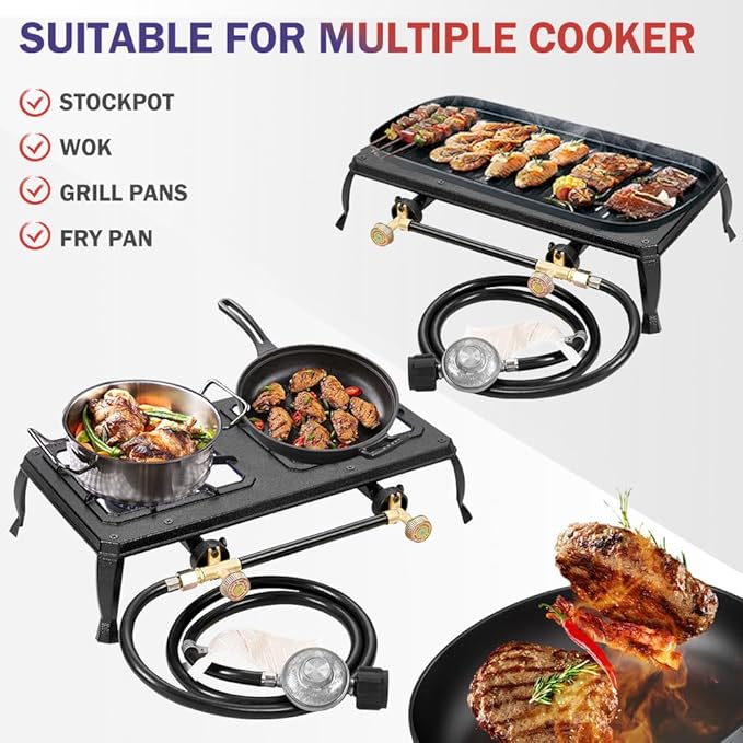 Vivicreate Cast Iron Propane Gas Stove Double Burner Heavy Duty Portable Removable Outdoor Cooker 200LB Support High Heat for Camping BBQ Fogon de Gas Estufa de Gas Portatil Parrillas de Gas