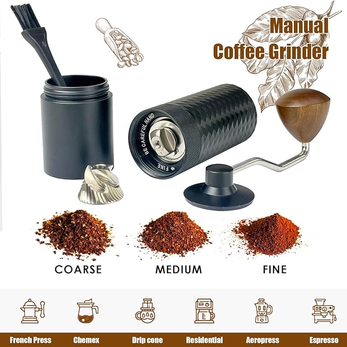 Manual Coffee Grinder - Precision CNC Stainless Steel Burr Grinder with Adjustable Settings, Double Bearings for Smooth Grinding - Ideal for Home, Office, and Camping Espresso Enthusiasts