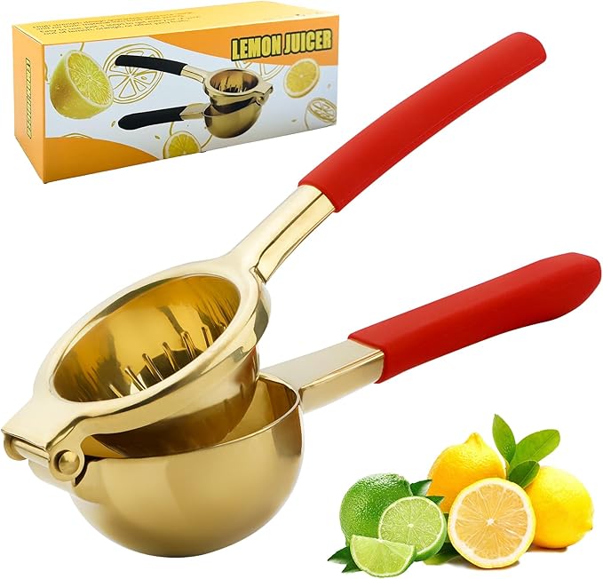 Lemon Squeezer,304 Stainless Steel Citrus Press Juicer,Non-Slip Grip Design Manual Juicer,Heavy Duty Manual Citrus Press Juicer & Lime Squeezer-Gold & Red
