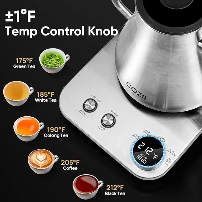 COZII Gooseneck Electric Kettle,5 Presets & ±1℉ Temperature Control 1200W Quick Heating Water Boiler for Coffee/Tea, 24H Keep Warm, Auto Shut Off Pour Over Kettle with 50pcs Coffee Filter,0.9L Silver