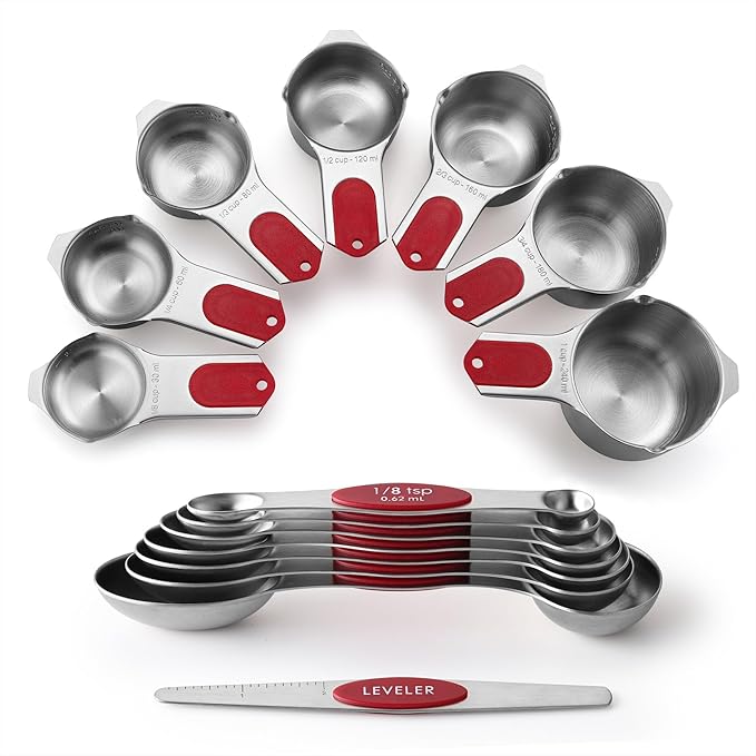 Spring Chef Magnetic Measuring Cups & Spoons Set (Patent Pending), Strong N45 Magnets, Heavy Duty Stainless Steel Fits in Spice Jars for Baking & Cooking, BPA Free, Round Set of 15 with Leveler, Red