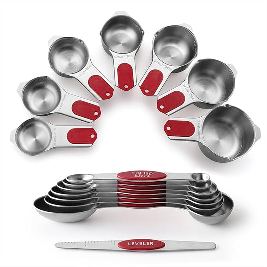 Spring Chef Magnetic Measuring Cups & Spoons Set (Patent Pending), Strong N45 Magnets, Heavy Duty Stainless Steel Fits in Spice Jars for Baking & Cooking, BPA Free, Round Set of 15 with Leveler, Red