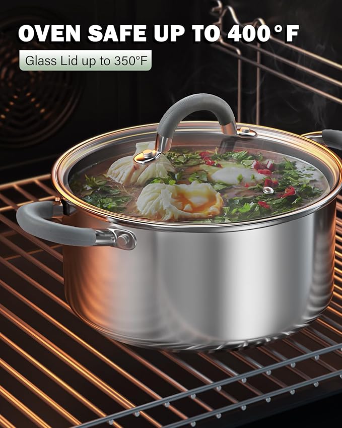 Cook N Home Kitchen Cookware Set, 12-Piece Basics Stainless Steel Pots and Pans Set with Grey Silicone Handle, Silver