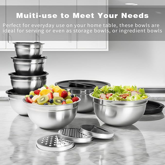 Lazycorner Stainless Steel Mixing Bowls with Airtight Lids Set of 7 Stainless Steel Bowls Set with 3 Grater Attachments Great for Serving & Baking