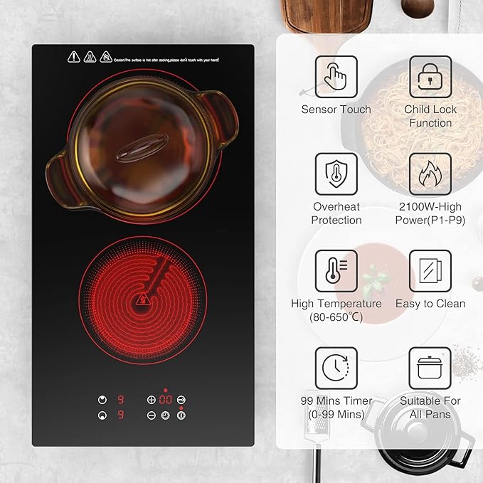 Portable Electric Hot Plate, 2 Burner Cooktop 110V/120V Plug-in, Infrared Stove Top for Cooking, LED Touch Control, Timer & Safety Lock for RV, Dorm, Apartment (Electric Cooktop 2 Burners)