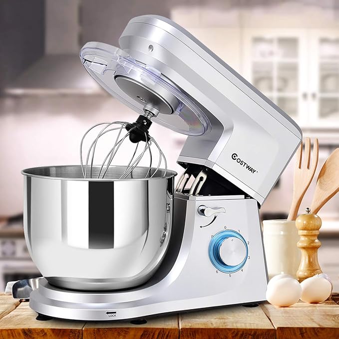 COSTWAY Stand Mixer, 7.5-Quart 660W 6-Speed Electric Mixer with Stainless Steel Bowl, Tilt-head Food Mixer with Dough Hook, Beater, Whisk (Sliver)