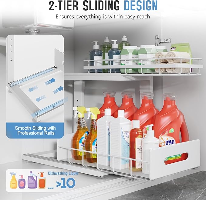 1 Pack Under Sink Organizer Upgrade To Professional Rails,2-Tier Dual Pull Out Cabinet Storage,Height Adjustable Slide Out Drawers For Bathroom Kitchen,Under Sink Shelf-White