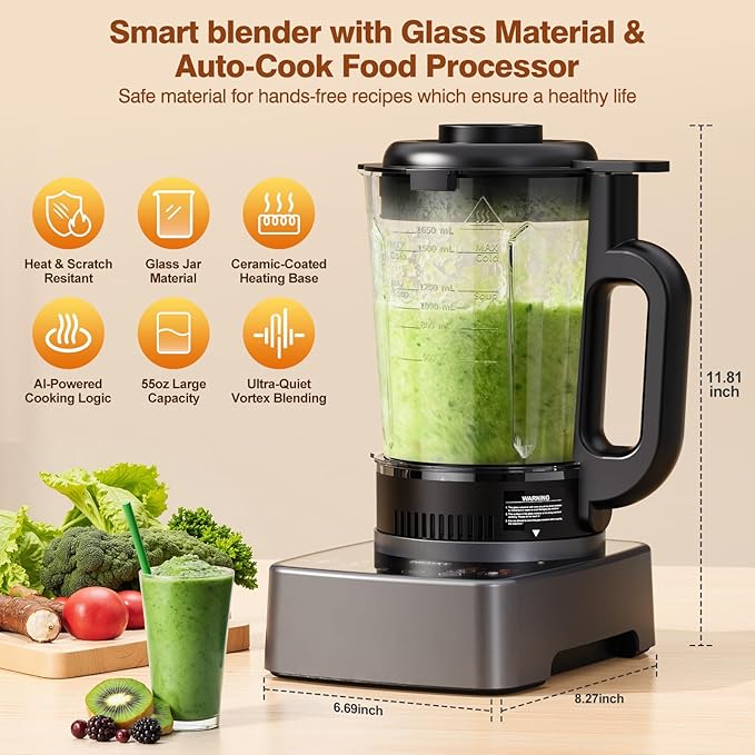 Blenders for Kitchen with Heating, PRASKY 1000W Professional Glass Blender 55oz, 1000 RPM High Speed Shake Juice for Smoothies Blender Keep Warm, Auto Clean for Ice Crushing Soups Sauces (Sliver)