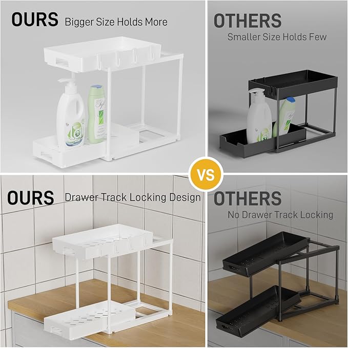 Delamu Under Sink Organizers and Storage, 2 Pack Pull Out Kitchen Bathroom Cabinet Organizer, 2 Tier White Under Sink Storage for Bathroom Kitchen, Under Counter Storage Organizer with 8 Hooks