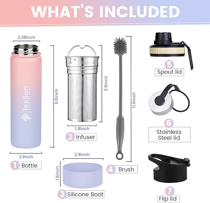 Lexlion Tea Infuser Bottle - Fruit Infuser Water Bottle 22 Oz, Triple Walled Insulated Stainless Steel Bottle, Thermal Leaf, Silicone Sleeve, 3 Lids Leakproof, Metal Mug Gallon