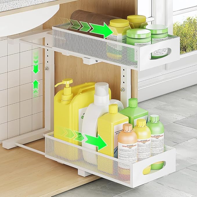 Under Sink Organizer, 2-Tier Slide-Out Storage Shelf with Mesh Drawers - Adjustable Height Heavy-Duty Steel Cabinet Organizer for Kitchen/Bathroom/Laundry, Easy Assembly, Space Saver (White)