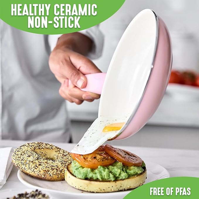 GreenLife 16 Piece Nonstick Cookware Set, Soft Grip Non-Toxic PFAS-Free Ceramic Pots & Pans, Dishwasher & Oven Safe, Frying, Sauce, Saute, Utensils, Glass Lids, Stay-Cool Handles, Wobble Free, Pink